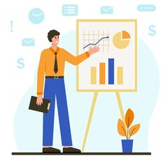 Businessman next to flipchart with graph and chart.