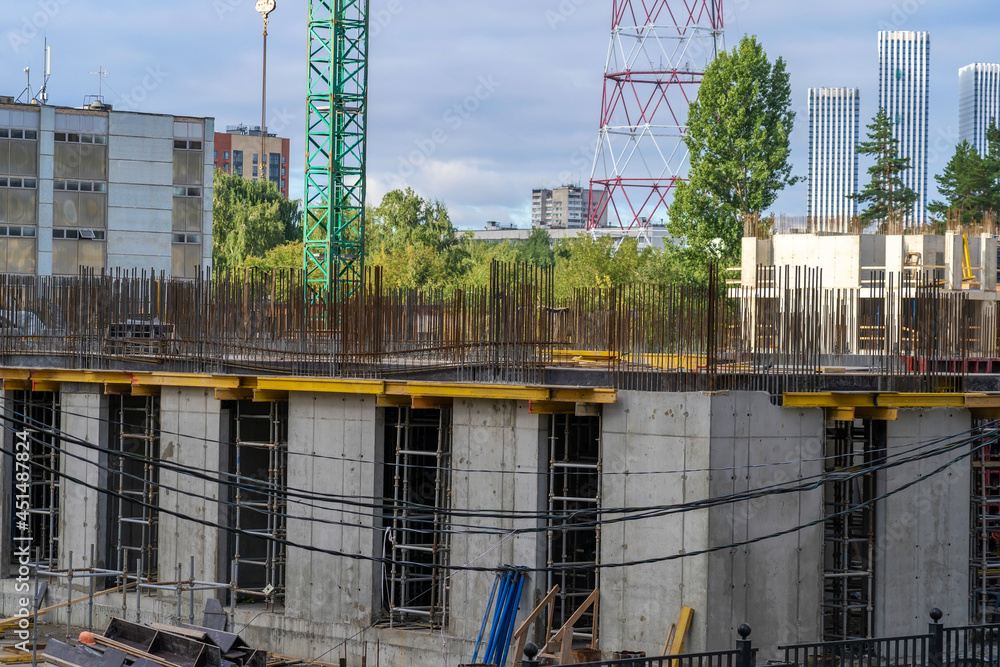Poster pit construction site with formwork and reinforcement. steel reinforcement structure of rebars for c