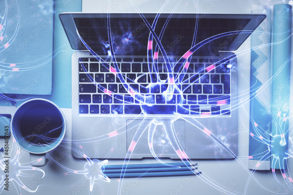 Aufkleber neuron hologram drawings over computer on the desktop background. top view. multi exposure. concept 