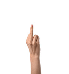 Woman showing middle finger on white background