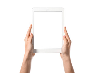 Woman with tablet computer on white background