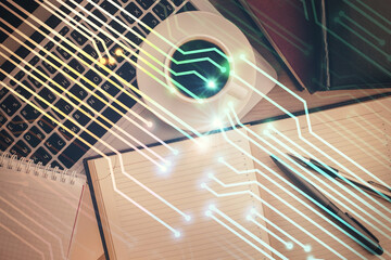 Multi exposure of data theme drawing hologram over topview work desk background with computer. Concept of technology.