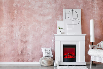 Modern fireplace in interior of living room