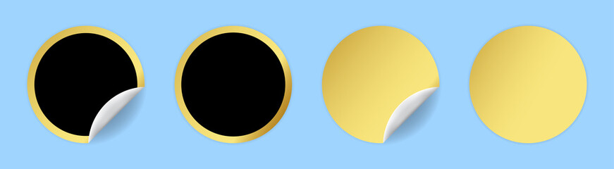 Set of golden and black realistic round sticker with curved corner mockup