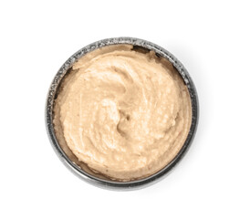 Bowl with tasty hummus on white background