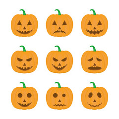 Set of Halloween pumpkins with different emotions.  Jack's Lantern. Pumpkin heads with funny face. Vector elements isolated on white background.