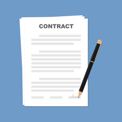 Signing contract. The concept of concluding an agreement in writing. Sheets of paper and pen. Vector flat illustration.
