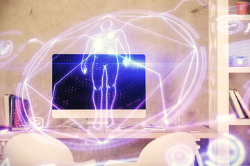 Double exposure of education theme drawing and office interior background. Concept of science.