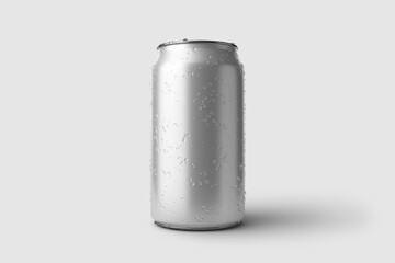 350ml Energy drink soda can mockup template with water droplets, isolated on light grey background....
