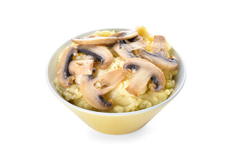 Bowl with tasty mashed potatoes and mushrooms on white background