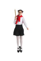 Jumping little schoolgirl with ruler on white background