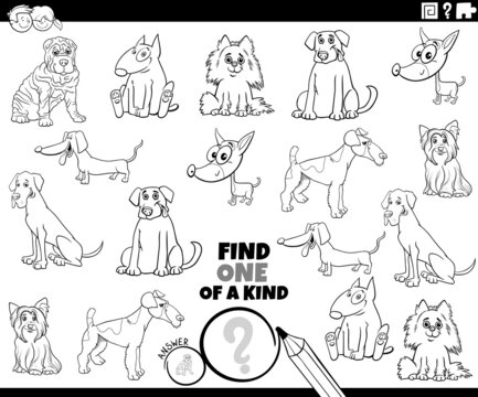 one of a kind task with dog breeds coloring book page
