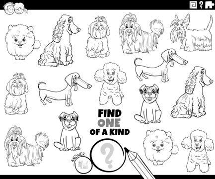 one of a kind game with dog breeds coloring book page