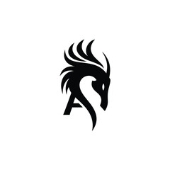 initials A with dragon-haired horses, typography.