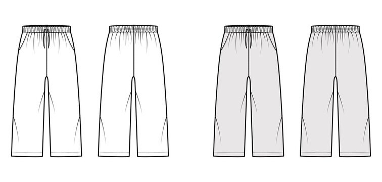Bermuda shorts Activewear technical fashion illustration with low waist, rise, drawstrings, pockets, Relaxed fit, calf length. Flat bottom apparel template front, back, white grey color. Women men CAD