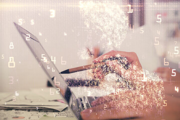 Double exposure of woman hands typing on computer and technology theme drawing. High Tech concept.