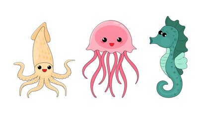 Collection of marine inhabitants in the cartoon style of children. Vector illustration with cartoon style.