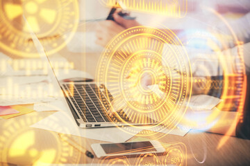 Double exposure of woman hands typing on computer and technology theme drawing. High Tech concept.