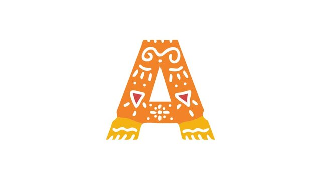 Letter A. Ethnic ornament, national pattern in letter. 3 colors. 4K video. Isolated on white background. Cartoon Animation. Capital Letter A for education, erudition, ABC, software, interface game.