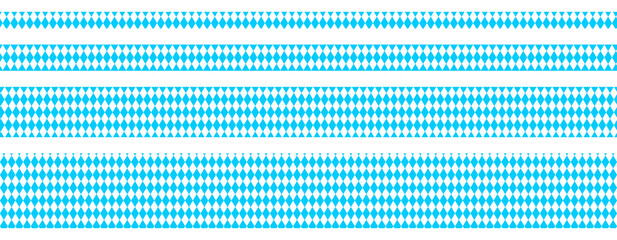 Set of Bavarian ribbons, borders or banners in traditional blue and white colors. Oktoberfest pattern with rhombus. Bavarian lozenge flag seamless background. Vector flat illustration. 