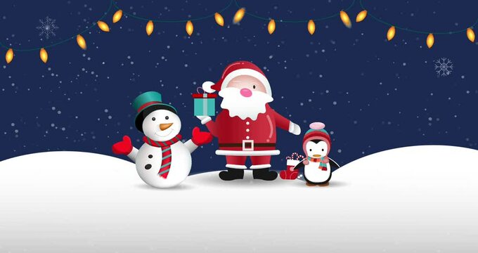 Motion graphics Merry Christmas concept with Santa Claus, Snowman and penguin doll. 