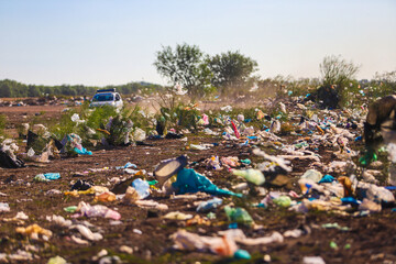 Garbage bags, plastic bag in the bushes and on the ground of the municipal garbage dump Pollution, environment, waste