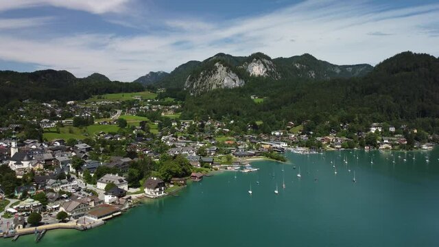 Village of St Gilgen at Lake Wolfgangsee in Austria - travel photography by drone