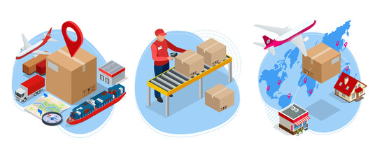 Isometric global logistics network. Air cargo, rail transportation, maritime shipping, warehouse, container ship, city skyline on the world map.