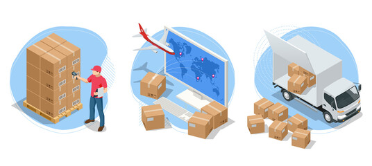 Isometric global logistics network. Air cargo, rail transportation, maritime shipping, warehouse, container ship, city skyline on the world map.