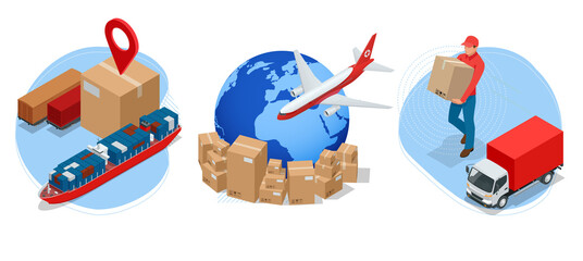 Isometric global logistics network. Air cargo, rail transportation, maritime shipping, warehouse, container ship, city skyline on the world map.