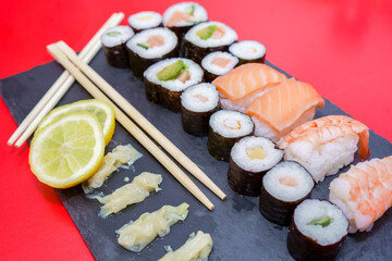 stone board with sushi