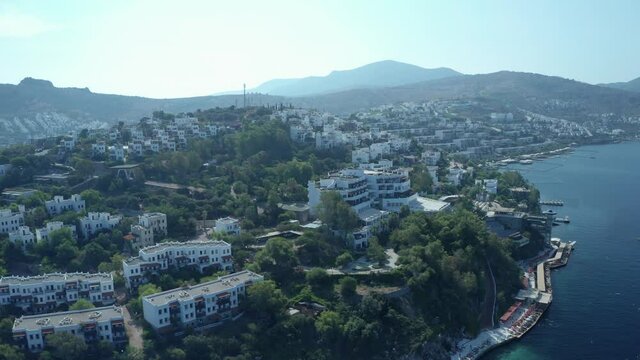 Amazing panoramic aerial 4k view from drone of beautiful bay of G�ndo_an and Yal�kavak in Bodrum on a bright and sunny day in Mugla province in Turkey