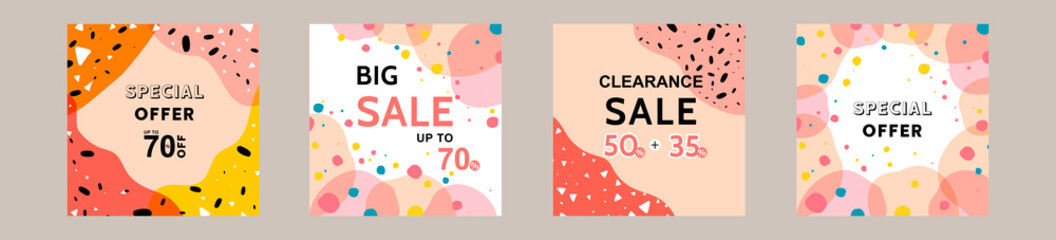 Set collection of colorful social media post sale discount promotion template ad banner. With terrazzo seamless pattern, modern minimalistic trendy abstract background