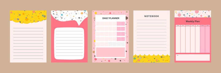 Set collection of colorful blank memo note letter file document diary book template layout with abstract terrazzo seamless pattern. Modern minimalistic trendy abstract background