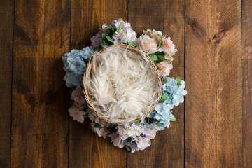 Basket on wood floor.