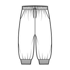 Shorts Sweatpants technical fashion illustration with elastic cuffs, low waist, rise, drawstrings, knee length. Flat training trousers apparel template front, white color. Women men unisex CAD mockup