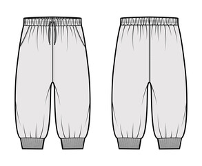 Shorts Sweatpants technical fashion illustration with elastic cuffs, low waist, rise, drawstrings, knee length. Flat training joggers trousers apparel template front, back grey color. Women men mockup