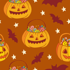 Vector seamless pattern for Halloween with pumpkins and bats