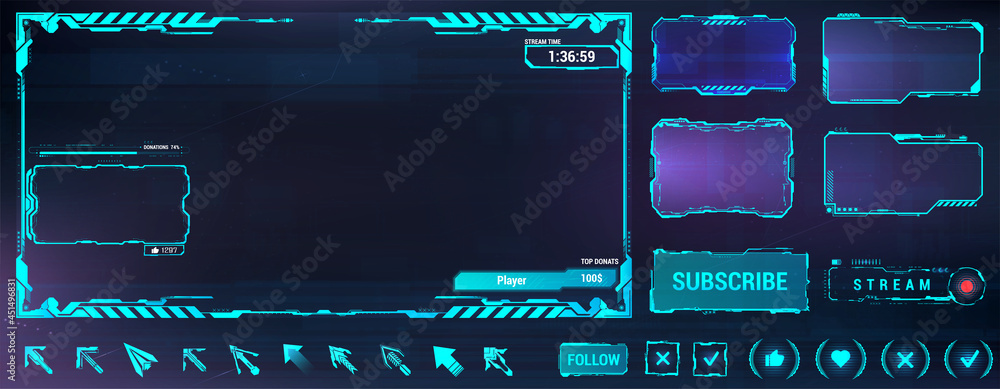 Aufkleber Futuristic theme for screen panel. Overlay streamdps constructor. Frame futuristic overlay frame in HUD style for broadcast. Blue HUD design. Overlay broadcast box - Donates, windows, buttons. Vector