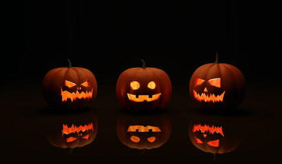 Halloween set of pumpkins with an evil and cute smile, 3d rendering. Jack O Lantern halloween pumpkins on black background