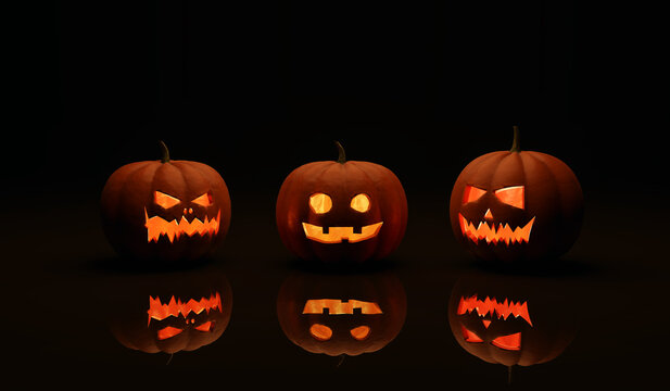 Halloween set of pumpkins with an evil and cute smile, 3d rendering. Jack O Lantern halloween pumpkins on black background