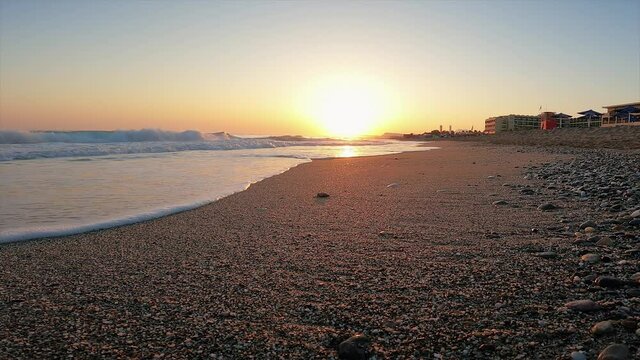 Hatched sea turtle crawl on sand to the sea at sunrise. Forward to a new life.