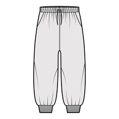 Shorts Sweatpants technical fashion illustration with elastic cuffs, low waist, rise, drawstrings, calf length. Flat joggers trousers apparel template front, grey color. Women men unisex CAD mockup