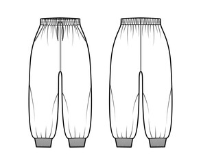 Shorts Sweatpants technical fashion illustration with elastic cuffs, normal waist, high rise, drawstrings, calf length. Flat trousers apparel template front, back, white color. Women unisex CAD mockup