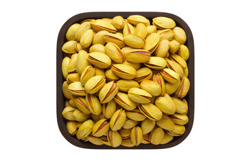 shelled pistachios, roasted nuts with saffron in square bowl isolated on white background. organic...