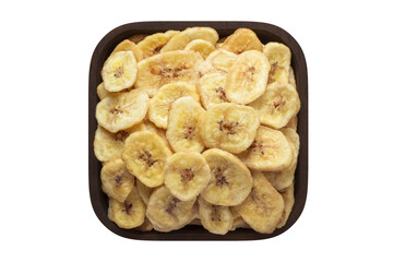 dried fruit, banana chips in square bowl isolated on white background. organic food, top view.