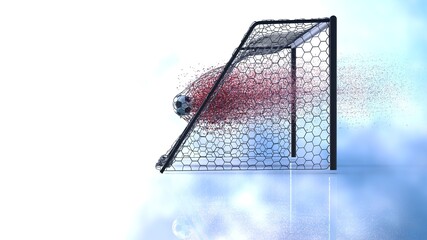Black-White Soccer Ball in the Black Goal Net with red particles under blue sky lighting. 3D illustration. 3D CG. High resolution. 3D high quality rendering.