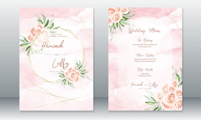 Luxury wedding invitation card template elegant of pink background with golden frame and rose bouquet