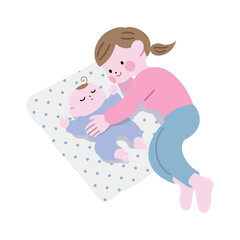 赤ちゃんを寝かしつけて微笑むお母さんA