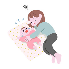 赤ちゃんを寝かしつけようとするお母さんと、泣き叫ぶ赤ちゃんB